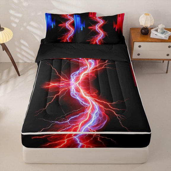 Erosebridal Neon Nature Lightning Zipper Twin Comforter Sets with Fitted Sheet and 2 Pillowcases for Boys Men, Red Blue Glowing Lines Zipper Bedding Set, Black Reversible, 4 Pieces
