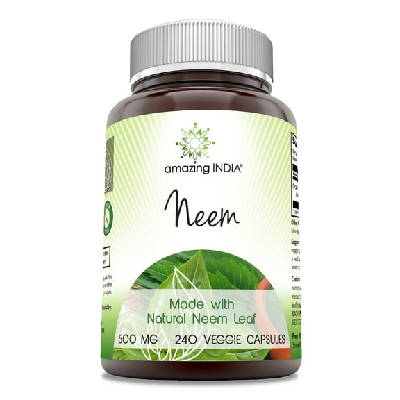 Amazing India Neem 500 Mg Per Serving 240 Veggie Capsules Supplement | Non-GMO | Gluten Free | Made in USA | Suitable for Vegetarians