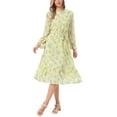 thumbnail image 2 of INSPIRE CHIC Women's Dress Floral Mock Neck Ruffle Long Sleeve Flowy Chiffon A-Line Midi Dresses L Yellow, 2 of 6