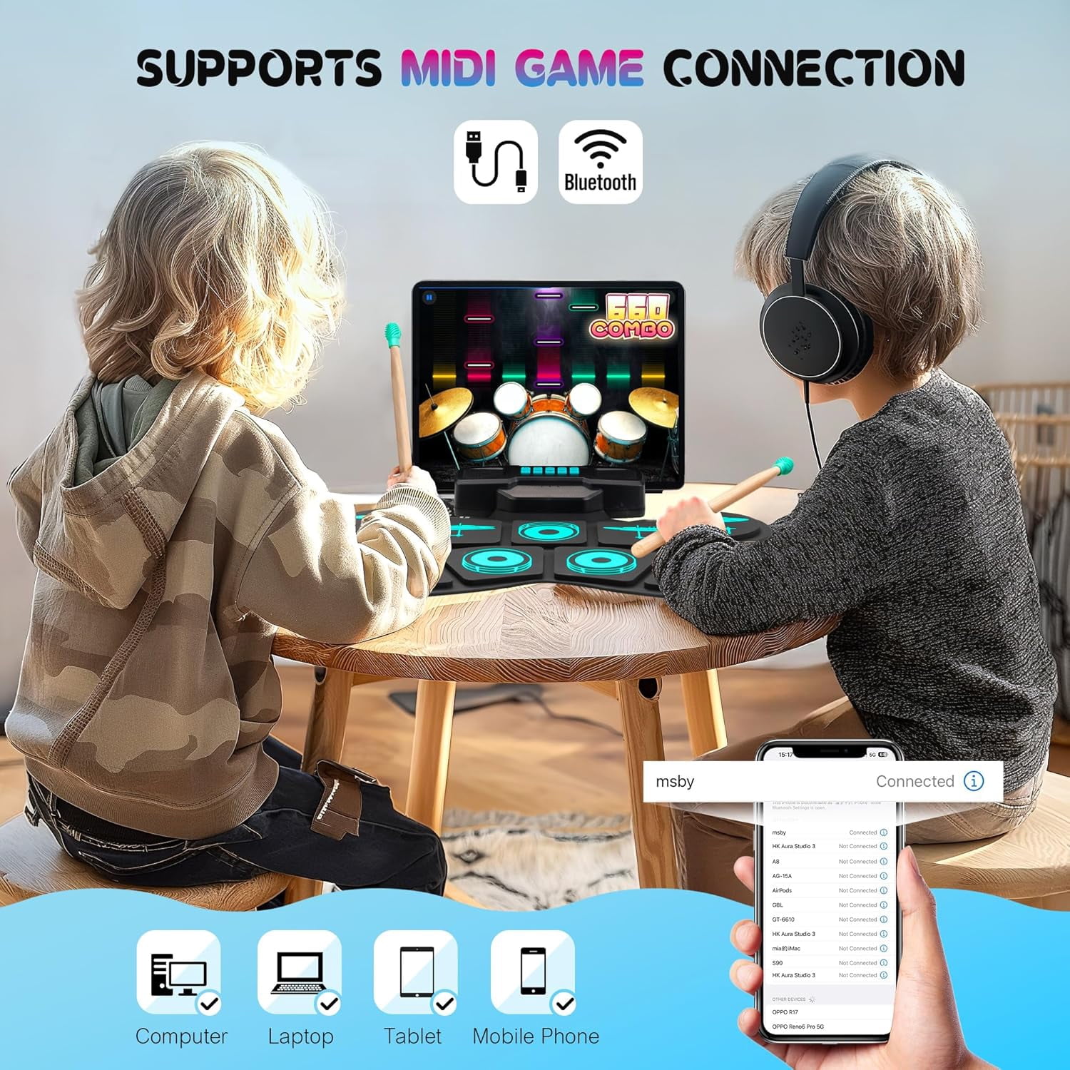 Portable Electronic Drum Set, 9-Pad Tabletop Drum Kit with Headphone Silent Mode & Drum Sticks/Pedals, MIDI Connectivity, Ideal Music Starter Gift for Boys & Girls Ages 3-8
