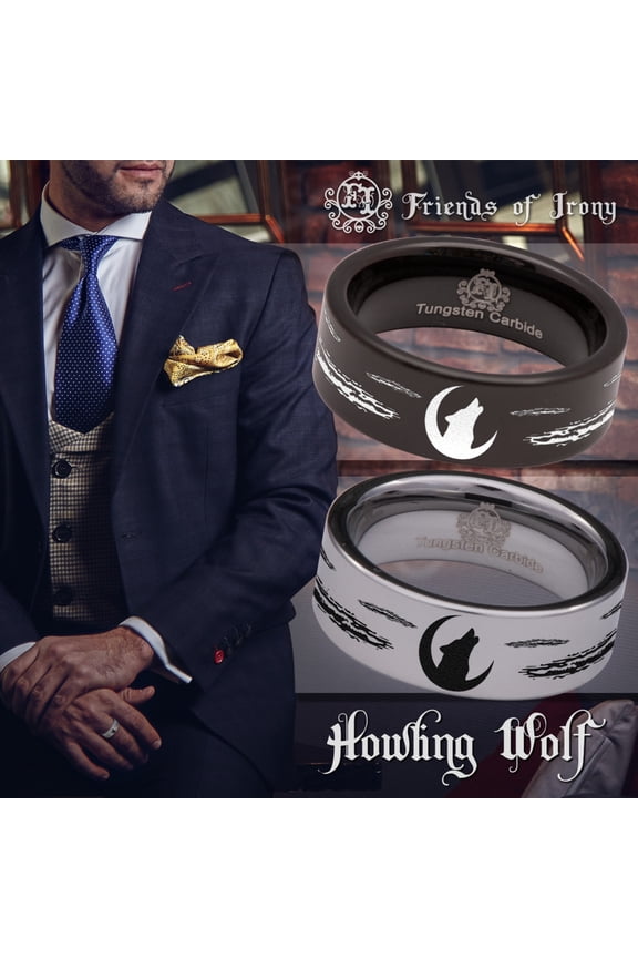 Howling Wolf on Moon Tungsten Carbide Ring