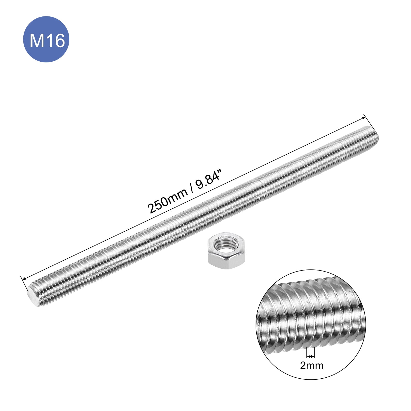2Pack M16 x 250mm Fully Threaded Rod with 4 Pack Hex Nuts, 1.25mm Thread Pitch 304 Stainless Steel