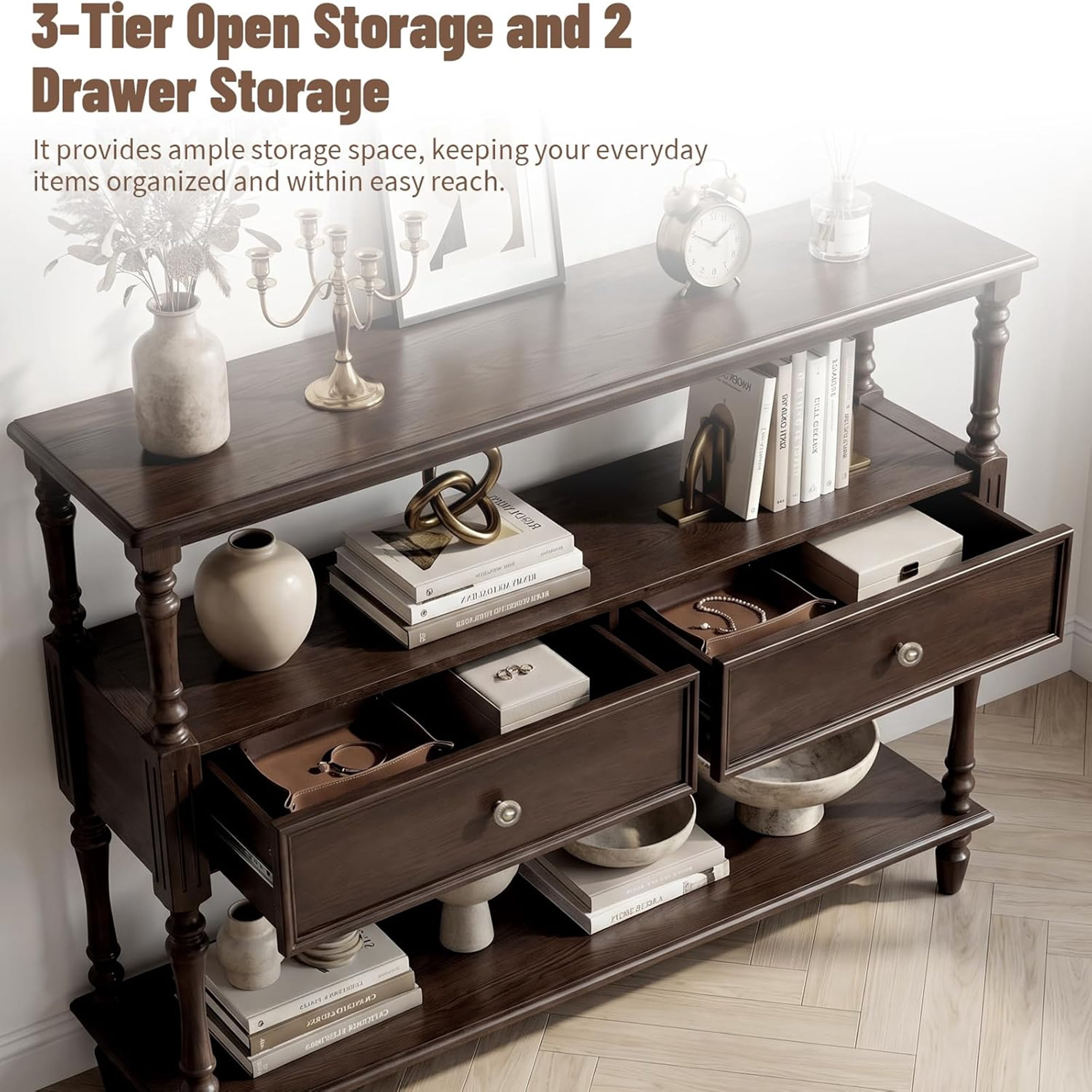 BFJDM Mid-Century Console Table with 2 Drawers and 3-Tier Open Shelves Solid Wood Veneer Rubber Wood Legs for Entryway Living Room Walnut
