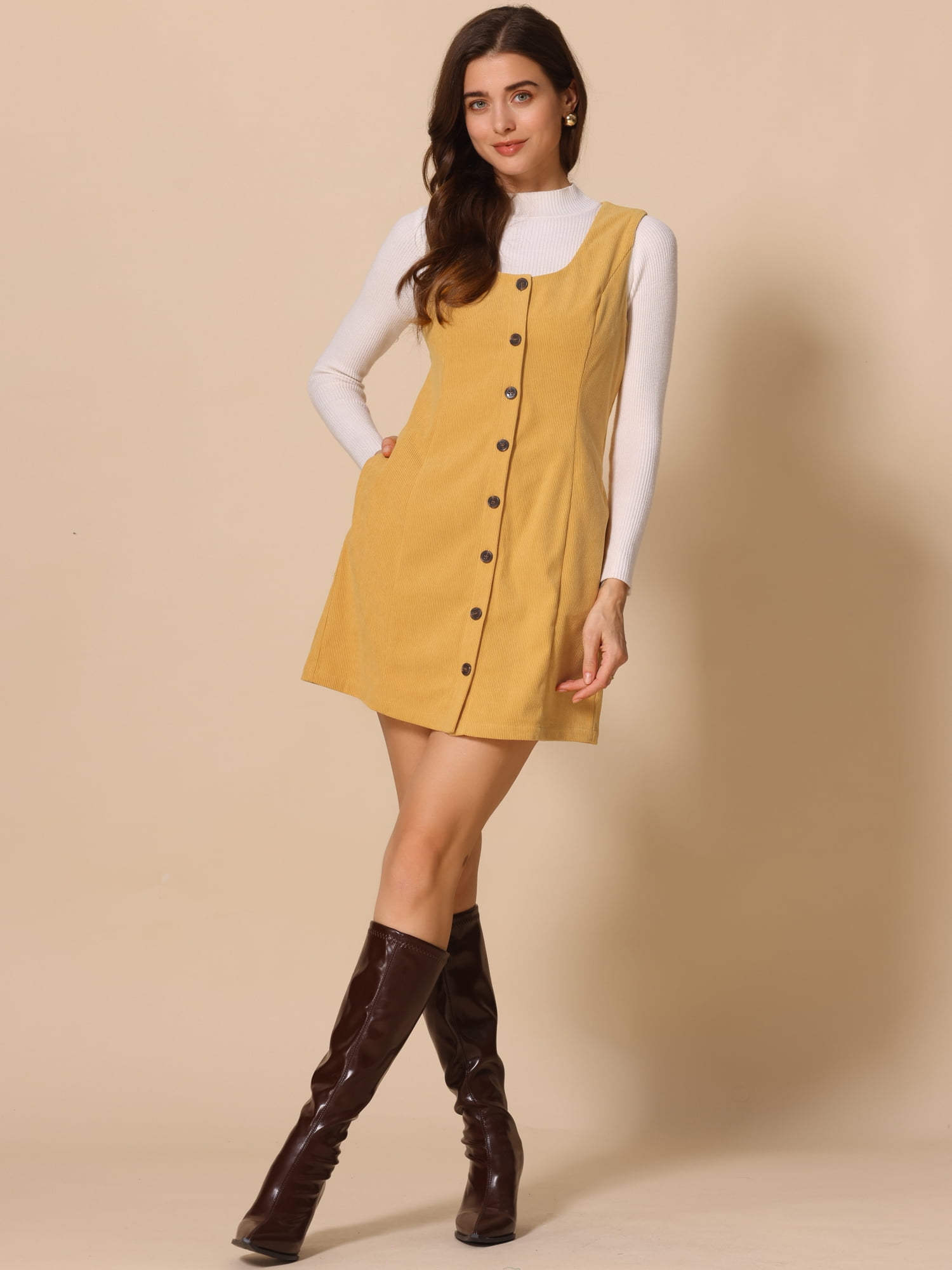 DARING DIVA Corduroy Button Down Pinafore Overall Dress L Dark Yellow