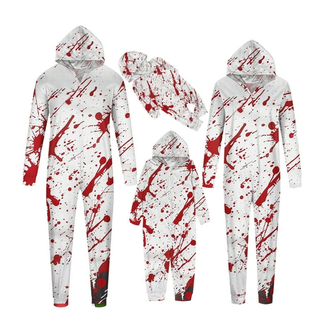 JURANMO Ensemble Assorti d'Halloween pour la Famille Confortable Extensible à Capuche avec Fermeture Éclair Combinaison Imprimé Mode Manches Longues Pyjamas Offres du Jour Blanc#Maman TG