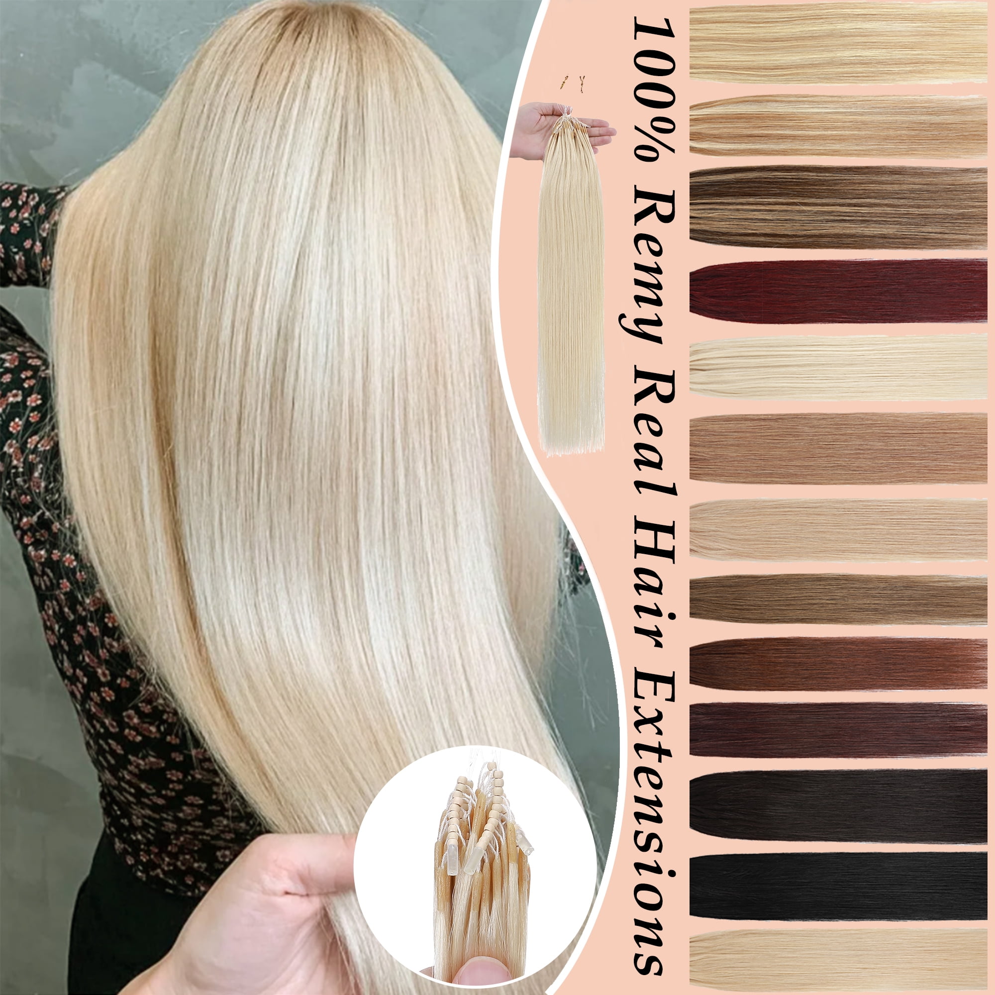 MY-LADY 50strands/set 100% Remy Human Hair Micror Loop Extensions Natural  Hair MicroBead Pre Bonded Micro Link Real Hairpiece without Glue 16inch #24  Natural Blonde - Walmart.com