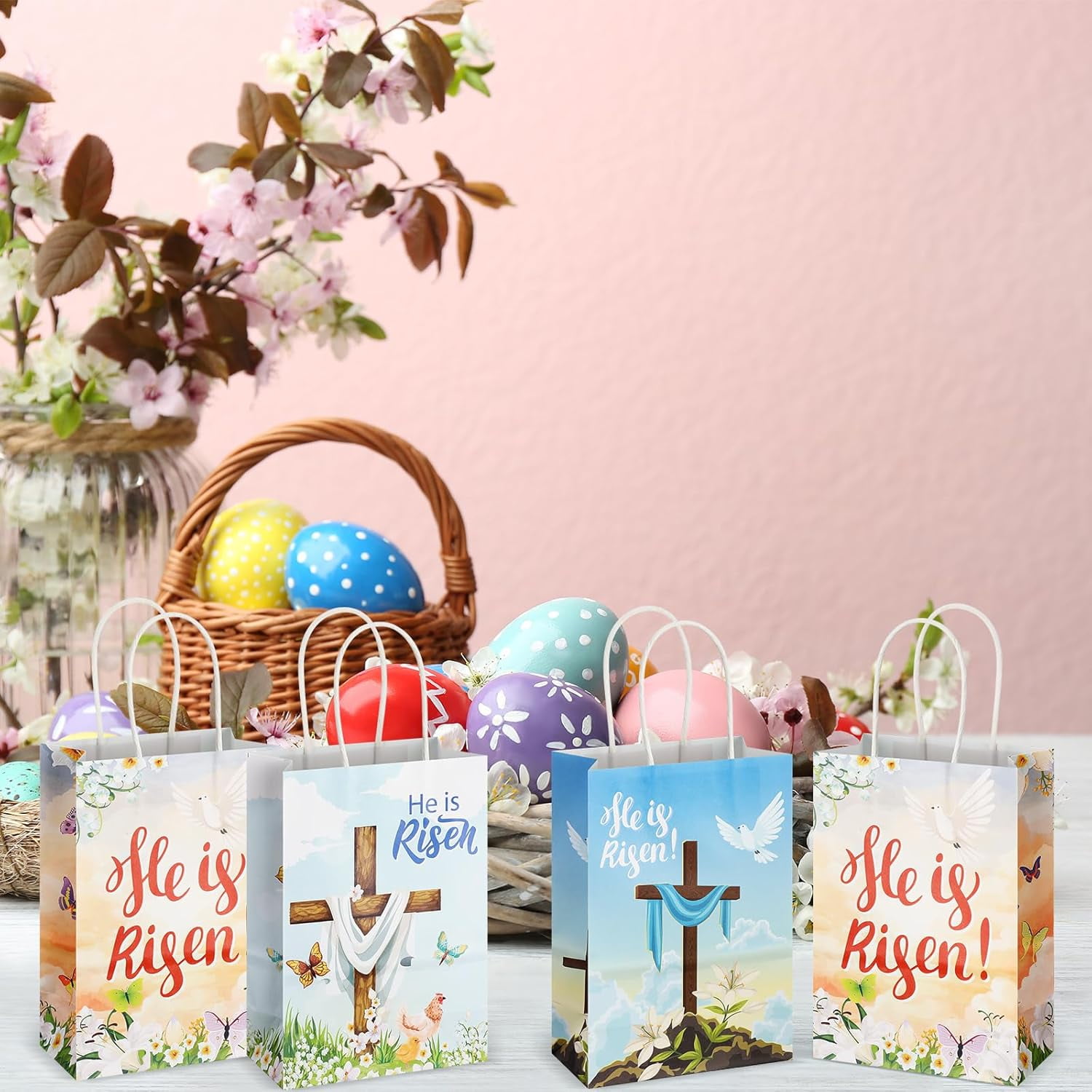 30Pcs Easter Gift Bags with Handle He Is Risen Party Favor Paper Christian Church Religious Cross Goodie Candy Treat Paper Bag for Easter Resurrection Baptism Birthday Wedding Decor