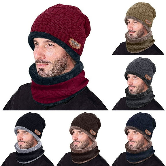 JLFNYA Winter Windproof Cap, Men Warm Winter Thicken Hat, Knit Windproof Hat and Scarf Two-Piece, Cold Weather Headwear, Outdoor Warm Hat