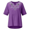 thumbnail image 4 of Dagegui Womens Short Sleeve Shirts Embroidered Notch V Neck T-Shirts Cotton Linen Casual Loose Fit Shirt Summer Boho Lounge Blouses ZC Purple 2XL, 4 of 5