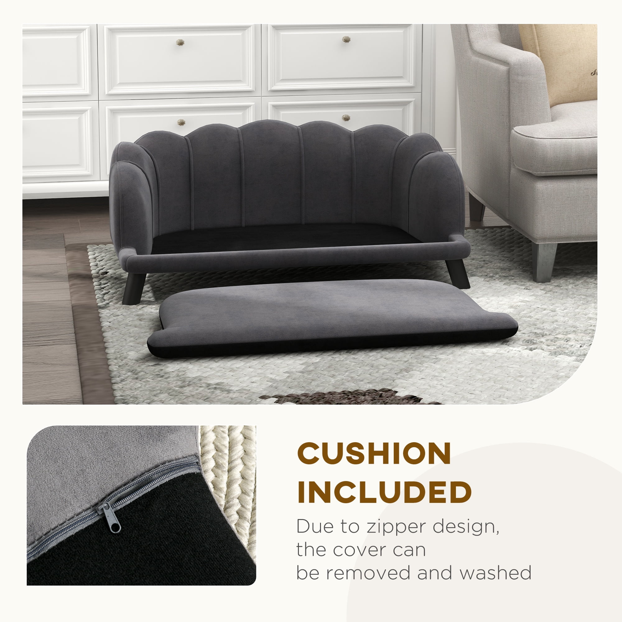 Noaman PawHut Velvet Large Dog Couch with Foam Cushioning, 38.8" L x 23.8" W Soft Pearl Design Dog Bed for Big & Medium Dogs, Charcoal Gray