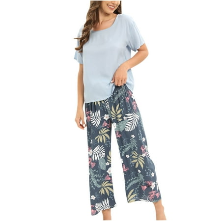 

Comfy Pajamas Sets for Women Long/Short Sleeve Crewneck Tops with Flower Print Baggy Capri Pants Lounge Sets Sleepwear