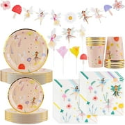 57Pcs Fairy Disposable Tableware Set Flower Fairies Mushroom Party Plates Cups Napkins Sets Fairy Cake Topper Banner Fairy Party Decorations Supplies Girls Birthday Party Decor(10 Guests)