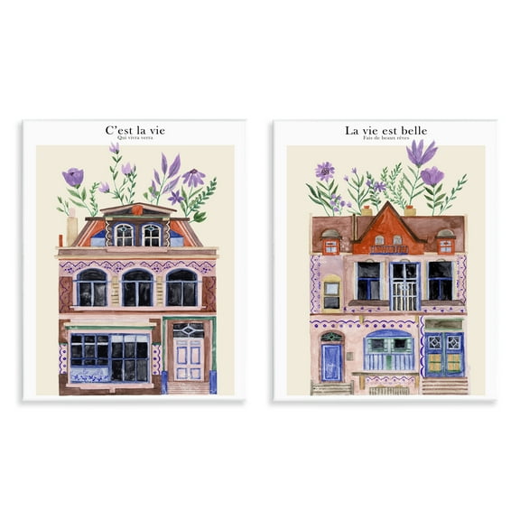 Stupell Industries Floral Houses Architecture Scenic & Cityscapes Painting Unframed Art Print Wall Art, 11 x 14, Set of 2