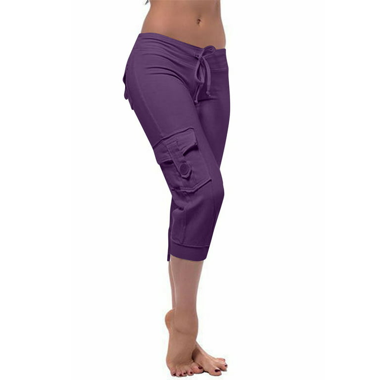 KIJBLAE Womens Stretch Waist Button Pants Yoga Gym Pantss Summer Fashion  Short Pants Solid Color Trousers Workout Pants for Ladies 2023 Slimming  Skinny Pants Drawstring Purple XXXL