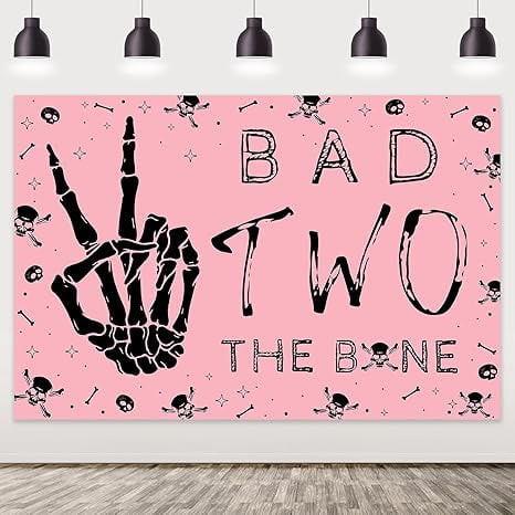 Bad Two the Bone Backdrop Banner Pink and Black Skeleton 2nd Birthday Backdrop Skull Theme Photography Background Cloth for Kids Photo Booth Props Music Rock and Roll 2nd Birthday Party Supplies
