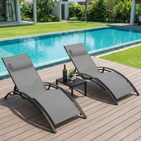 TLSUNNY Outdoor Lounge Chair Set of 3, Patio Beach Pool Sunbathing Lawn Lounger Recliner Chiar W/ Arm, Side Table, for Tanning