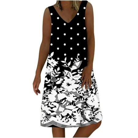 

YanHoo Women s Casual Dresses Sleeveless V Neck Sundress Summer Comfy Loose Print Dresses