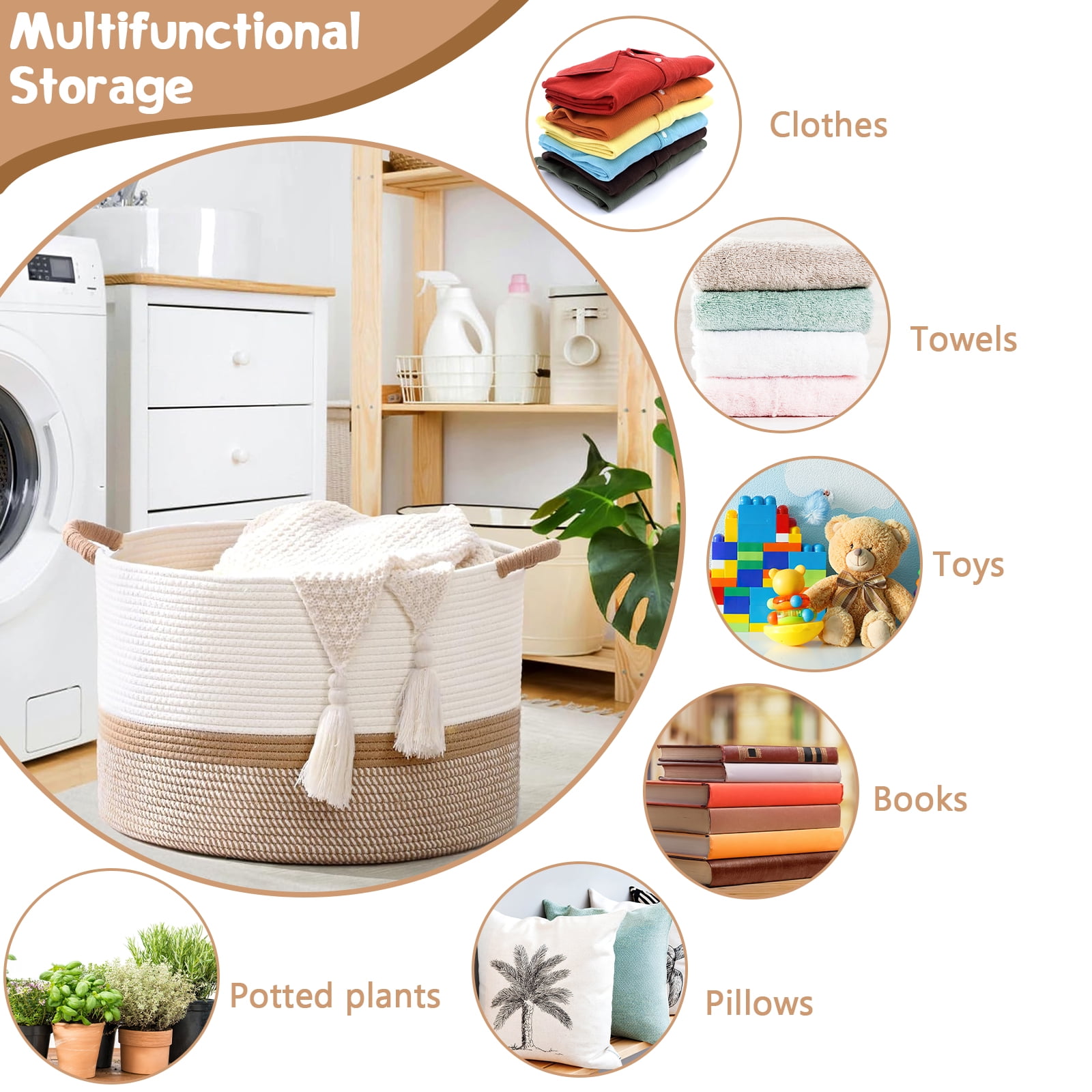 Large Cotton Rope Baskets for Storage, Blanket Woven Basket Laundry Hamper with Handles, Clothes Basket Toy Storage Organizer for Living Room, Nursery, Bedroom(White/Brown)