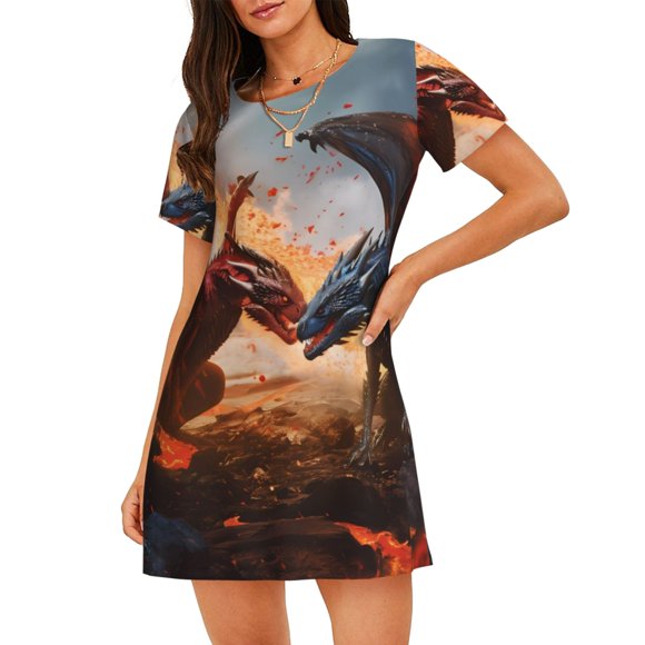 Bixox Lava Dragon Pattern Women's Nightgown, Soft & Breathable Sleepwear, Round Neck Knee-Length Pajama Dress,Loungewear for Home & Sleep