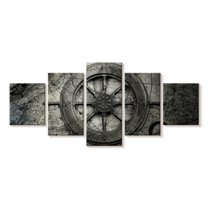 Elephant Stock Vintage Ship Wheel Wall Art - Horizontal Multi Panel Canvas - Living Room Wall Decor - Nautical Multi Panel - Gray And Blue Decor - 68" x 30"