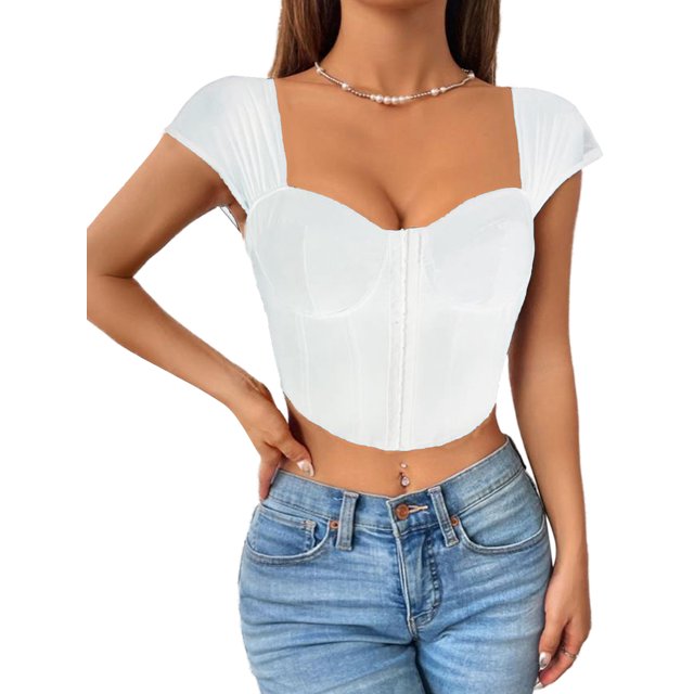 Camiseta de mujer Lucakuins, camisetas de verano sólidas de corte bajo con hebilla de corte bajo de manga corta para fiesta diaria Lucakuins moda