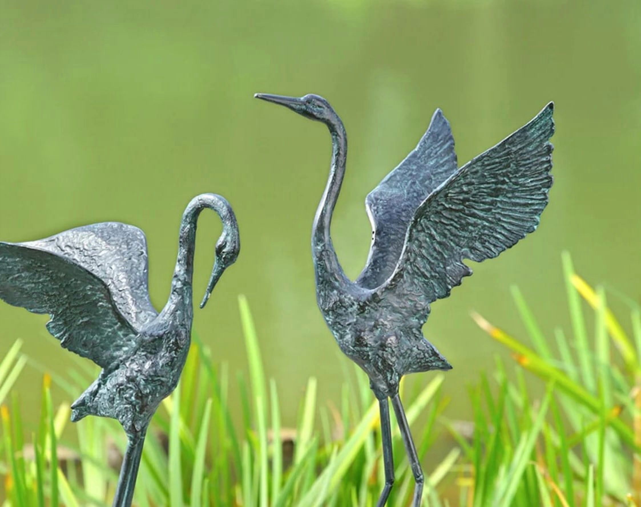Exalted Crane Pair Antique Verdigris Green Metal Garden Sculpture