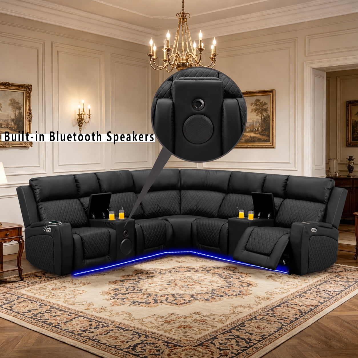 Gewnee 5-Seat Power Reclining Sectional L-Shaped Sofa with PU Upholstery, LED Lights, Bluetooth Speakers & Console, Black