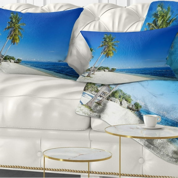 Designart Palms Bent to Beautiful Vacation Beach - Modern Seascape Throw Pillow - 12x20