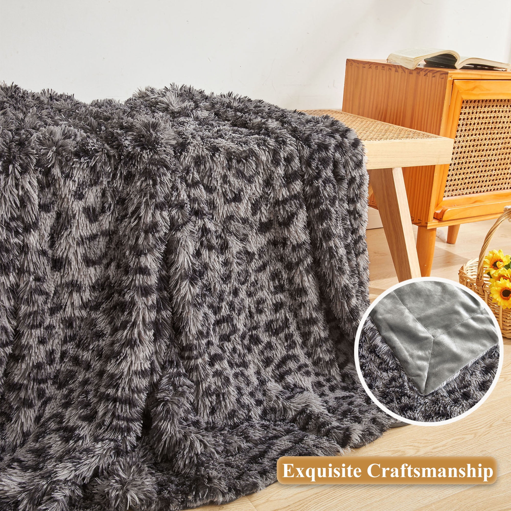 XeGe Luxury Faux Fur Leopard Print Throw, Soft 50x60 Cheetah Print Fluffy Blanket, Shaggy Plush Decorative Couch Blanket, Cute Furry Fuzzy Animal Throw for Sofa Bed, Leopard Light Grey