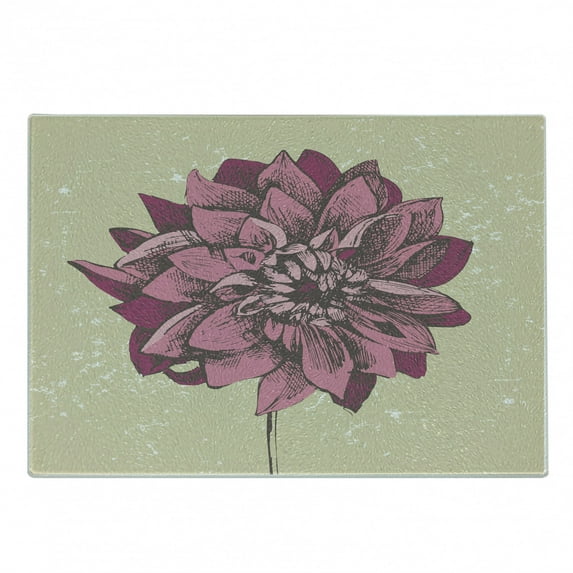 Boho Cutting Board, Vintage Dahlia Flower with Murky Grunge Featured Background Growth Bohemian Pattern, Decorative Tempered Glass Cutting and Serving Board, Small Size, Purple Khaki, by Ambesonne