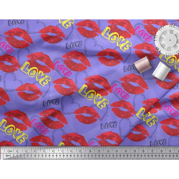 Soimoi Purple Cotton Voile Fabric Text,Lips & Heart Print Fabric by the Yard 56 Inch Wide