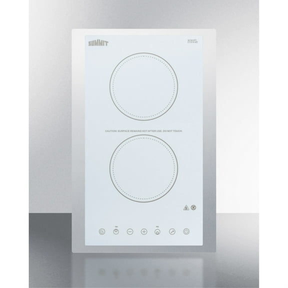 115V 2-burner cooktop in white ceramic Schott glass with digital touch controls and stainless steel frame to allow installation in 15" wide counter cutouts"