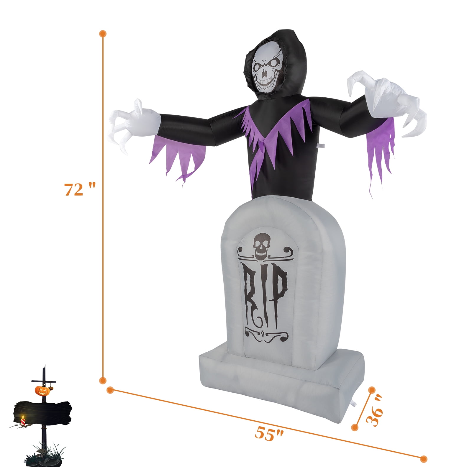 Astoutdoor 6ft Halloween Inflatable Grim Reaper and Grave Decoration with 3 LED Lights