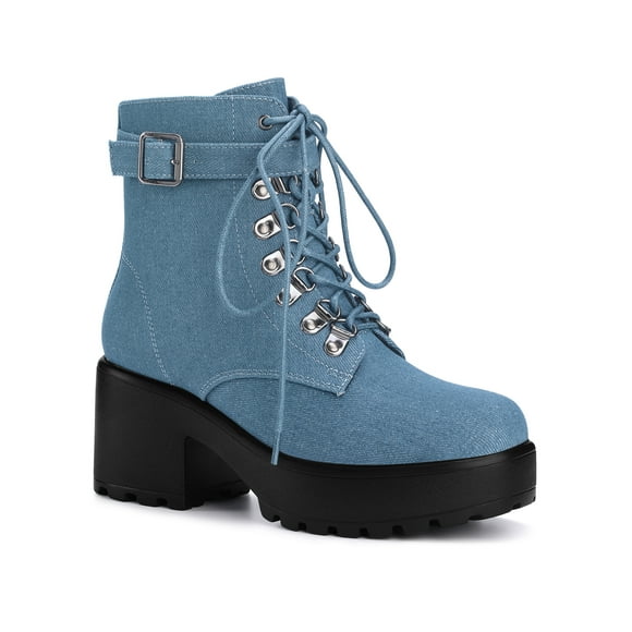 Unique Bargains Round Toe Platform Chunky Heels Combat Boots for Women Denim Blue (Size 7.5)