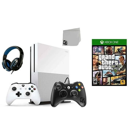 Pre-Owned Microsoft 234-00051 Xbox One S White 1TB Gaming Console with 2 Controller Included with Grand Theft Auto V BOLT AXTION Bundle