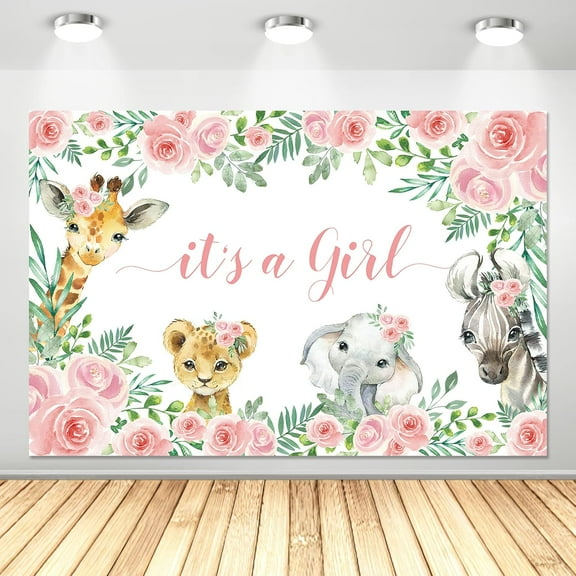 6x4FT Safari Baby Shower Backdrop Jungle Animal It's a Girl Baby Shower Photography Background for Girl Safari Jungle Animal Baby Shower Birthday Party Decorations Banner Supplies Photo Booth Props