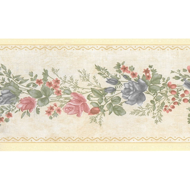 Fond d'Écran Préencollé Bord - Rose Floral, Rouge, Roses Bleues sur le Mur de Vigne Bord Rétro Design, 15 Pi x 5,25 Po (4.57M x 13.34cm)