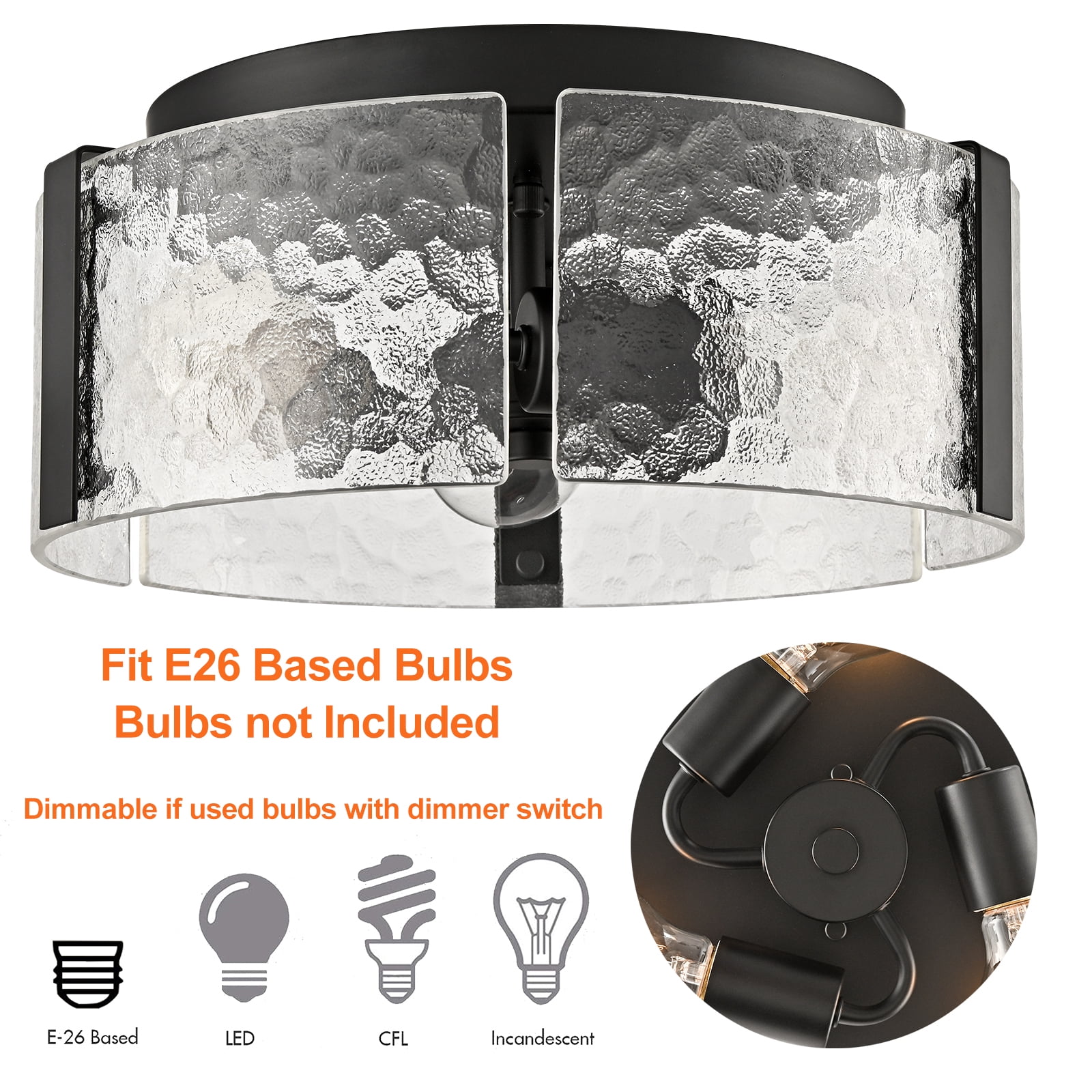 Farmhouse Ceiling Light Fixture 3-Light Black Ceiling Light with Textured Glass Drum Shade