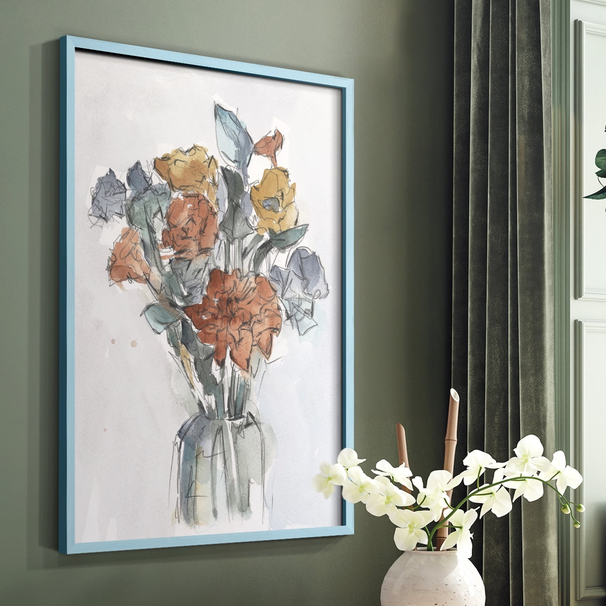 Watercolor Floral Arrangement I Framed Print in Blue Solid Wood 11 x 14 Framed Print