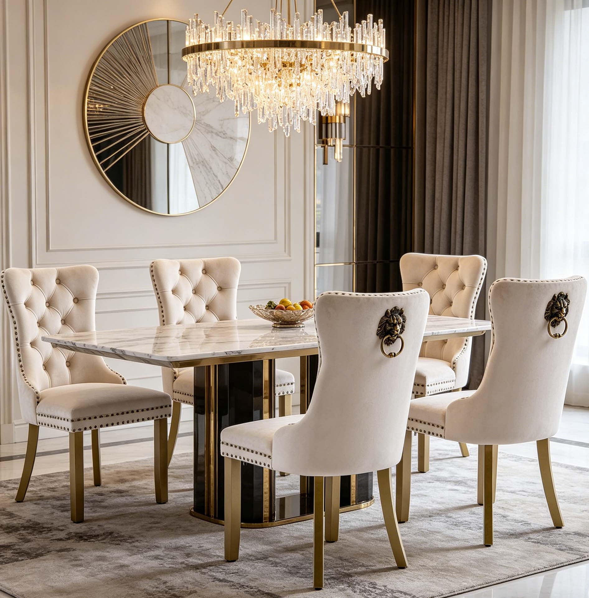 Jiayuan Song Mid-Century Velvet Dining Chairs, Black, Gold Solid Wood Legs & Lion Pulls, Set of 2