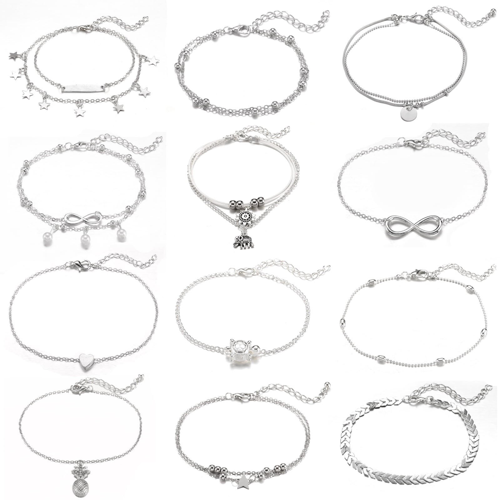 12Pcs Women's Charm Anklet Set Multilayer Chain Ankle Bracelets Boho Silver Anklet for Women