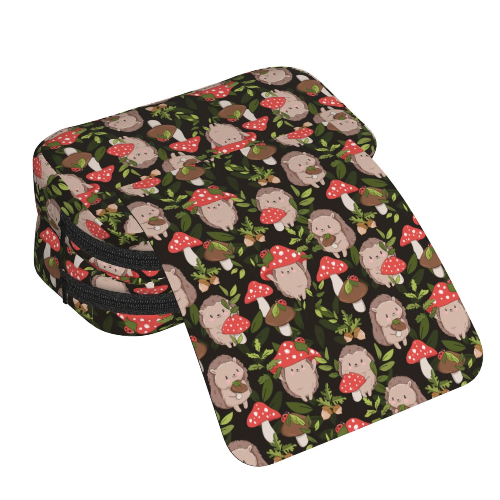 Rateoe Edgehog and Mushrooms Pattern Double Clamshell Pen Case, Storage Organizer with Two Zipper Compartments– Holds Up to 50 Pencils & Pens