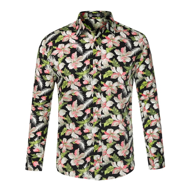 Camisas de vestir florales de los hombres Camisas con botones casuales de manga larga 100% algodón Verde negro S