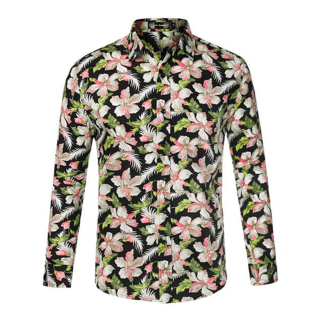 Camisas de vestir florales de los hombres Camisas con botones casuales de manga larga 100% algodón Verde negro S