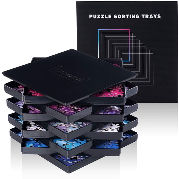 8 Black Puzzle Sorting Trays with Lid 10" x 10" - Puzzle Organizers and Storage for Puzzles Up to 2000 Pieces