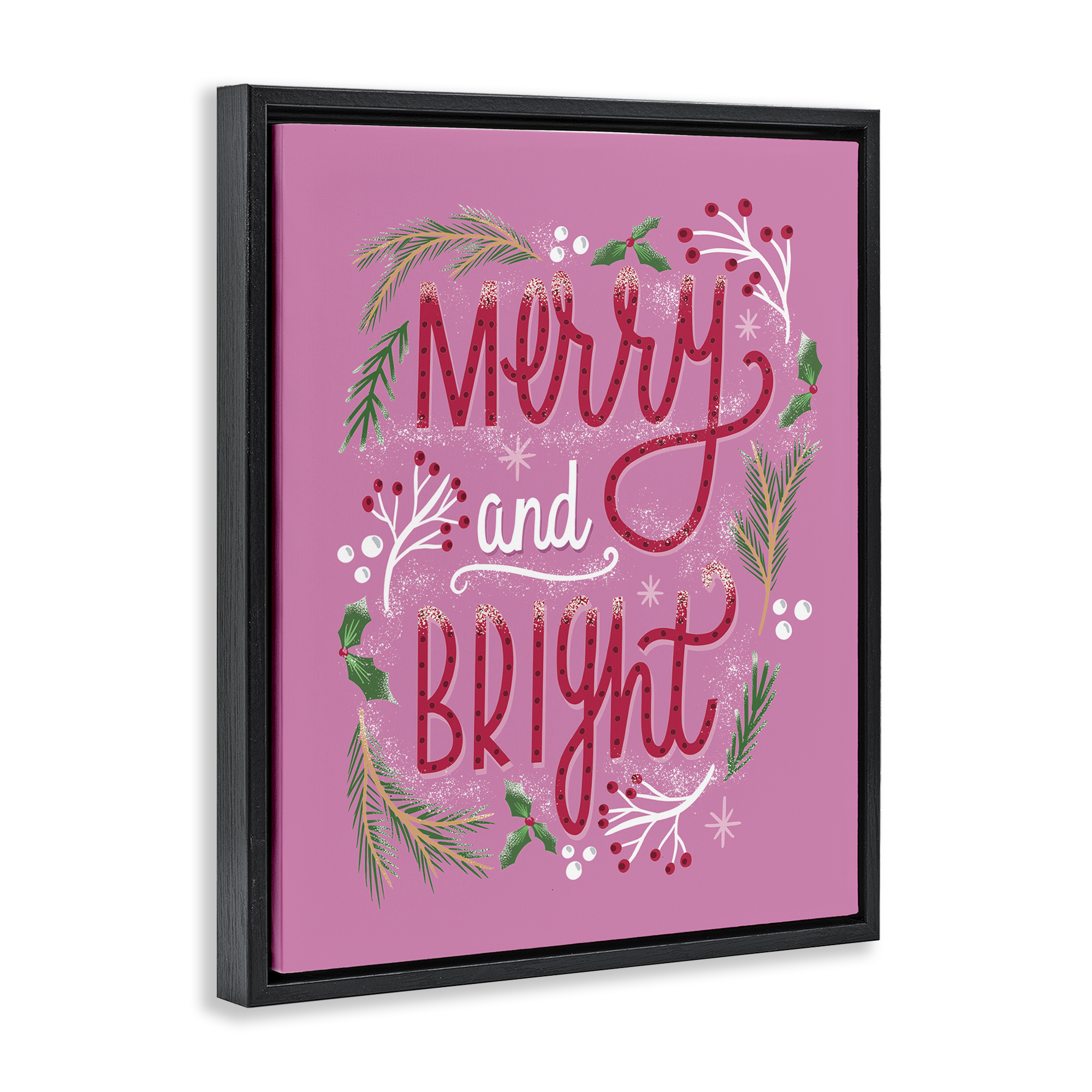 Stupell Industries Merry and Bright Pink Pine Holiday Painting Black Floater Framed Canvas Art Prints Wall Art, 17 x 21