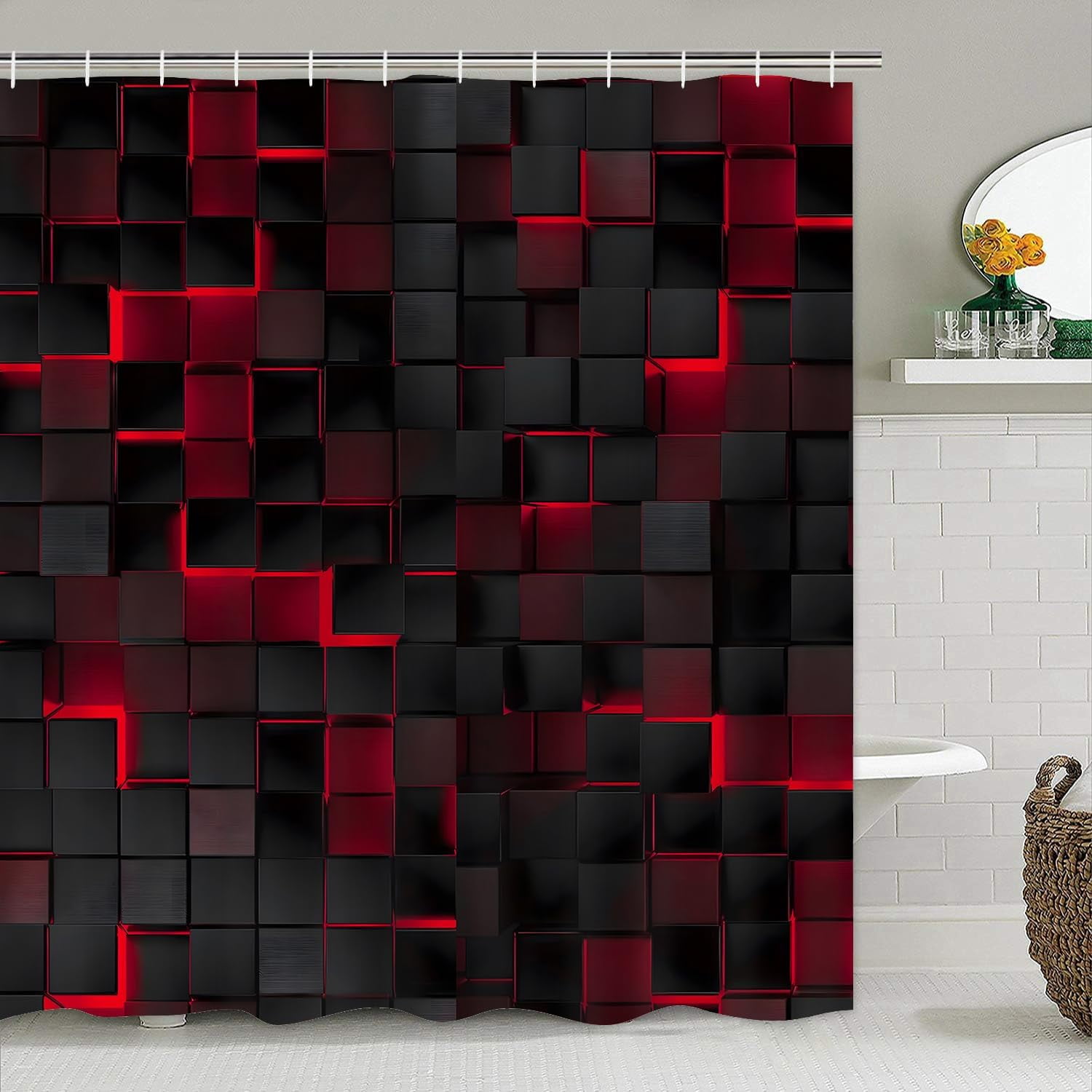 4Pcs Shower Curtain Set Black 3D Cubes Shower Curtain Set Modern Bathroom Sets with Shower Curtain and Rugs Red Shower Curtain with 12 Hooks
