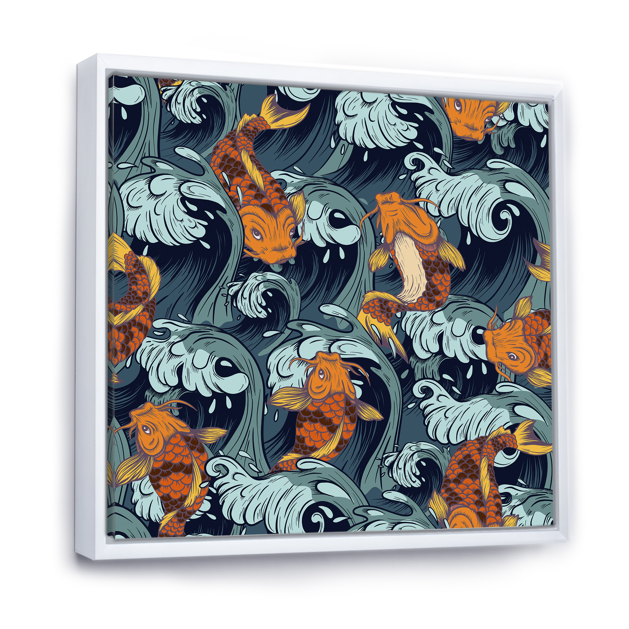 Designart 'Japanese Koi Fish on Sea Waves' Nautical & Coastal Framed Canvas Wall Art Print