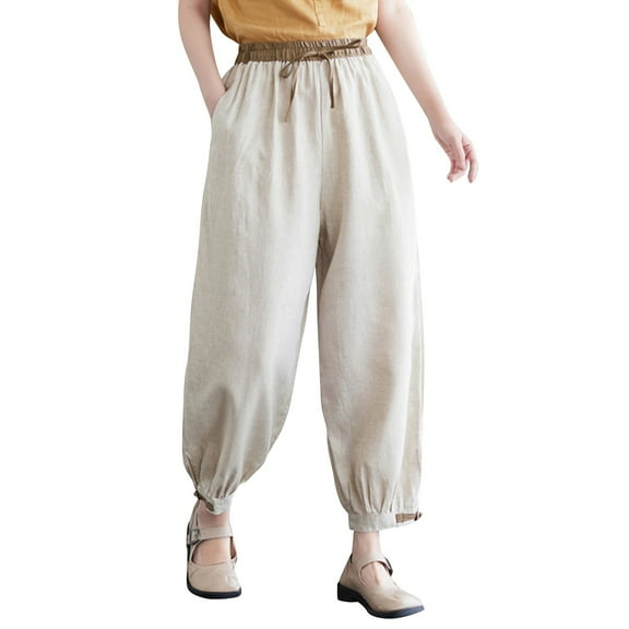 Sngxgn Womens Casual Loose Pants Comfy Cropped Work Pants with Pockets Elastic High Waist Pants(Khaki,M)