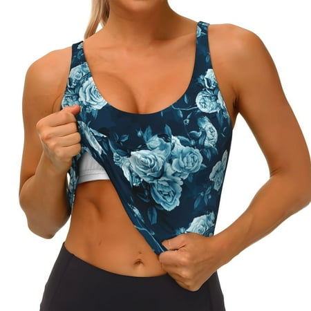 Qokaie Ink Rose Pattern Womens Scoop Neck Sports Bra Breathable Workout Vest Padded U Back Medium Impact Fitness Gym Yoga Bra Workout Crop Top